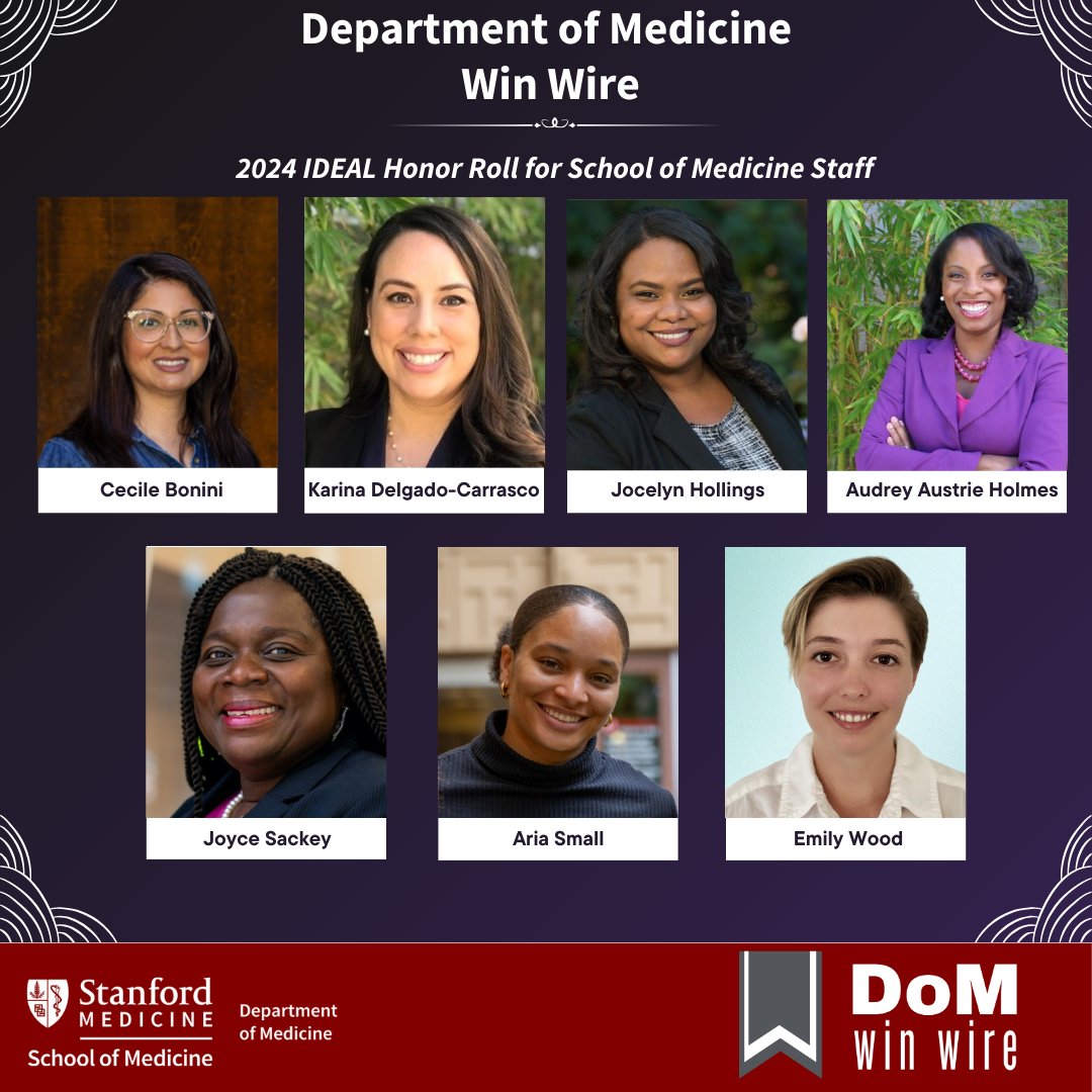 Stanford Department of Medicine (@stanforddeptmed) on Twitter photo Ninety staff members were recognized on the 2024 IDEAL Honor Roll! Special shoutout to our #StanDOM champions: <a href="/trepraja04/">Audrey J. Holmes</a>, Cecile Bonini, <a href="/KarinaSDelgadoC/">Karina Delgado-Carrasco</a>, Jocelyn Hollings, Joyce Sackey, Aria Small & Emily Wood!
bit.ly/3XC7Sut Ninety staff members were recognized on the 2024 IDEAL Honor Roll! Special shoutout to our #StanDOM champions: <a href="/trepraja04/">Audrey J. Holmes</a>, Cecile Bonini, <a href="/KarinaSDelgadoC/">Karina Delgado-Carrasco</a>, Jocelyn Hollings, Joyce Sackey, Aria Small & Emily Wood!
bit.ly/3XC7Sut