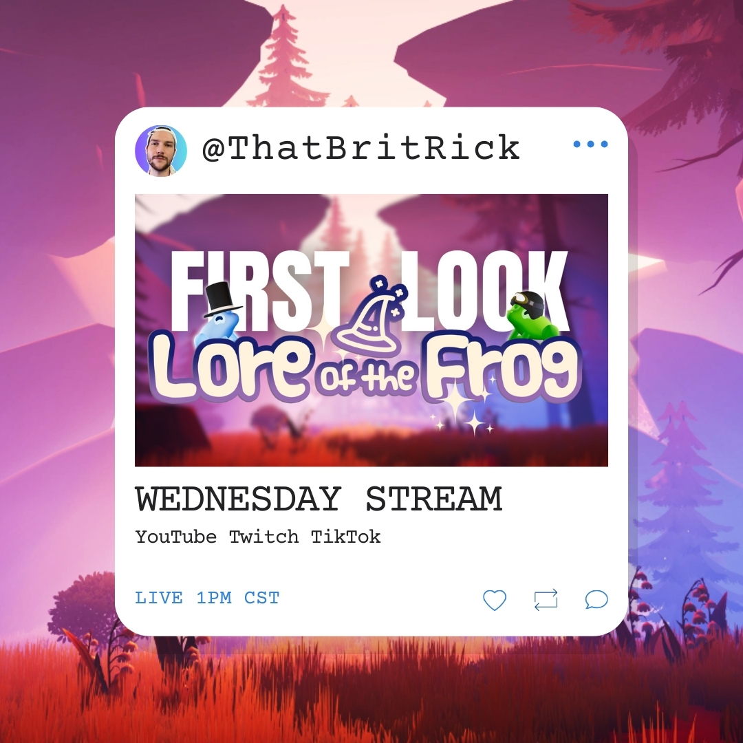 ThatBritRick's tweet photo. We are putting Hats on FROGS in this new, adorable game Lore of the Frog! Live NOW with some early access game play. Frog loves welcome! 🐸
#LoreOfTheFrog
Live NOW!
https://t.co/2bqYCeyxS9 https://t.co/91mRgjNTHK