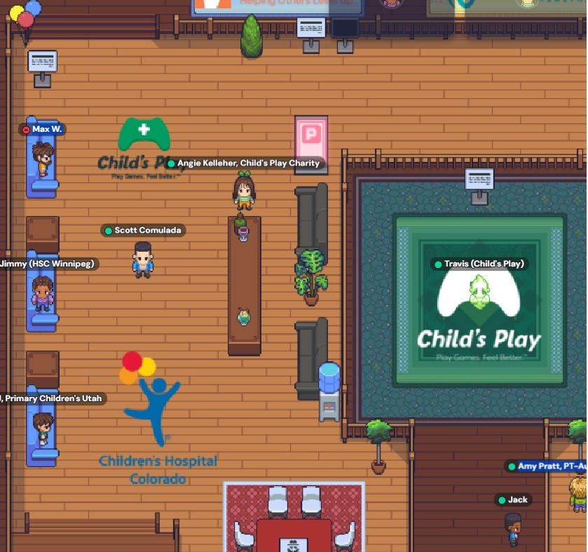 ScottComulada's tweet photo. It's not easy to foster engagement at a virtual conference. @CPCharity  and Children's Hospital Colorado have it figured out. Navigating my avatar through Gather Town to meet other Pediatric Gaming and Technology Symposium attendees between presentations. https://t.co/AVkyDPjDoV