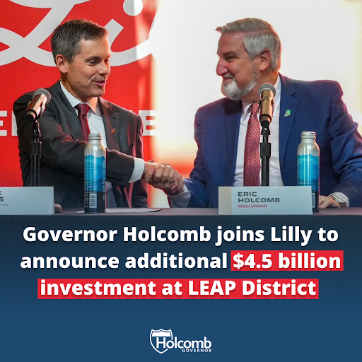 Governor Eric Holcomb joined Eli Lilly to announce an additional $4.5 billion investment at the LEAP Research and Innovation District. This investment further cements Indiana as a hub for cutting-edge medicine and innovation.