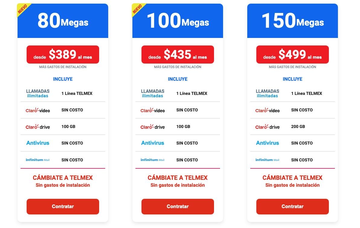 .<a href="/Telmex/">Teléfonos de México</a> lo volvió a hacer. Aumentó la velocidad en el paquete de 60 Mbps a 80 Mbps simétrico sin costo adicional y en su paquete de 100 Mbps bajó su precio a 435 pesos. En el caso de los paquetes sin línea de teléfono, el de 80 Mbps cuesta 349 pesos y el de 100 Mbps, 399 pesos.