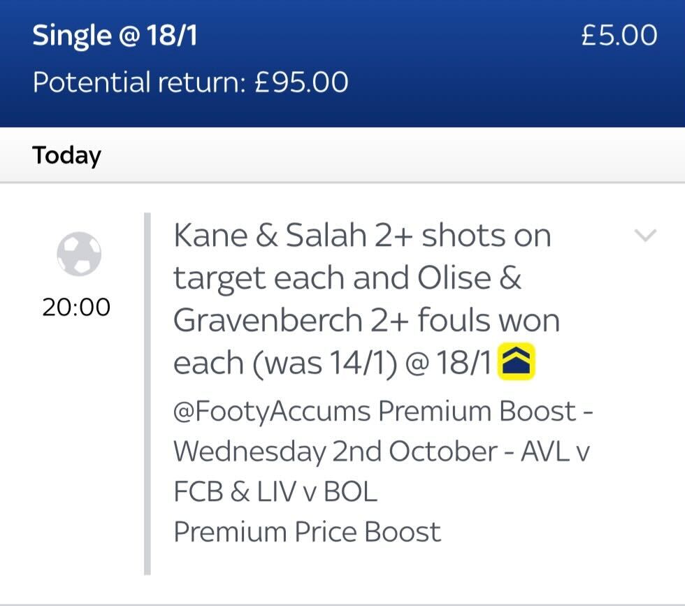 We are giving away the full £95 return of tonight's player stats special to one entry if it lands! 💪

RT TO ENTER! ✅

18/1 exclusive link HERE 👉 footyaccums.bet/ReplacementPla…

was: 14/1 (as of 7pm 02/10)

#Ad 18+ GambleAware