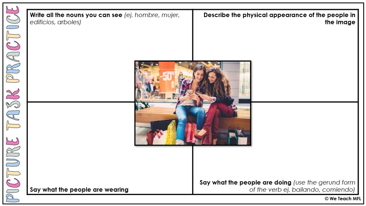 New idea to practice the picture 📸 card task. An easy and quick template which can be adapted. 
Available in our Exam Support area 👇
weteachmfl.co.uk 
#mfltwitterati