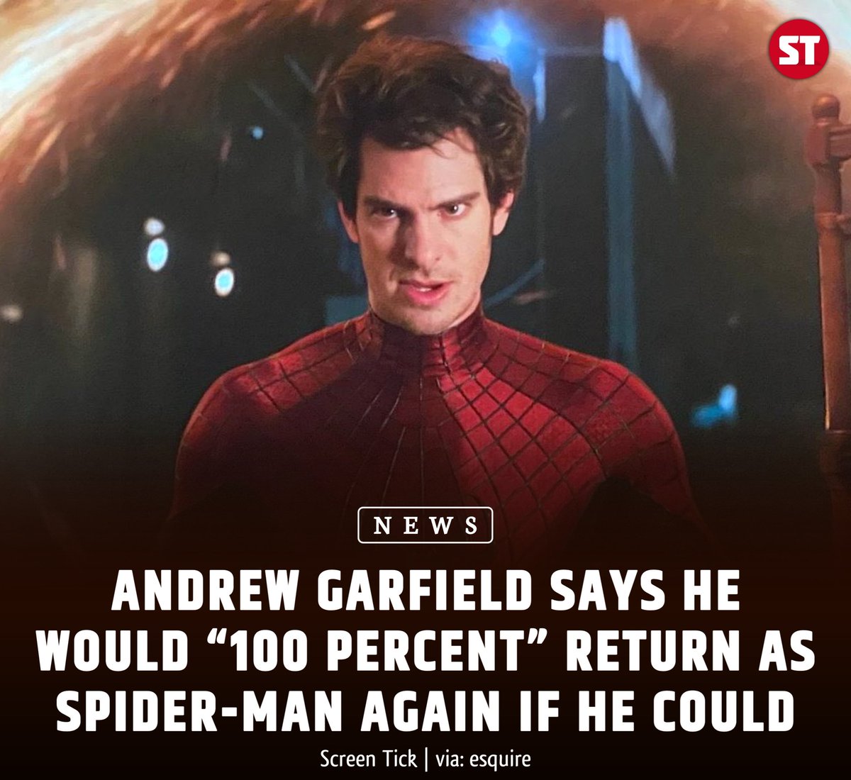 screentick's tweet photo. Andrew Garfield says he would “100 percent” return as #SpiderMan again if he could. 

“I would 100 percent come back if it was the right thing… I love that character, and it brings joy. If part of what I bring is joy, then I’m joyful in return.” https://t.co/U9hihmpaV1