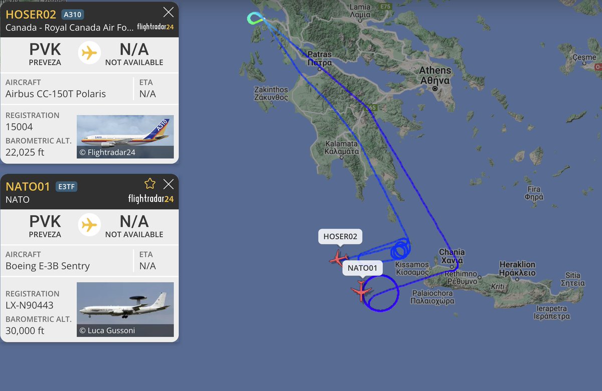 alternativewip's tweet photo. #NATO E-3A sentry awacs seen on the flight radar circling over the mediterranean sea to the south of greece, departure / RTB at preveza greece. #NATO01 #4D03C1
#RCAF canadian CC-150T polaris also seen circling in the area & departure from preveza. #PVK #HOSER02 #C2B3C3 https://t.co/0erikhmVwE