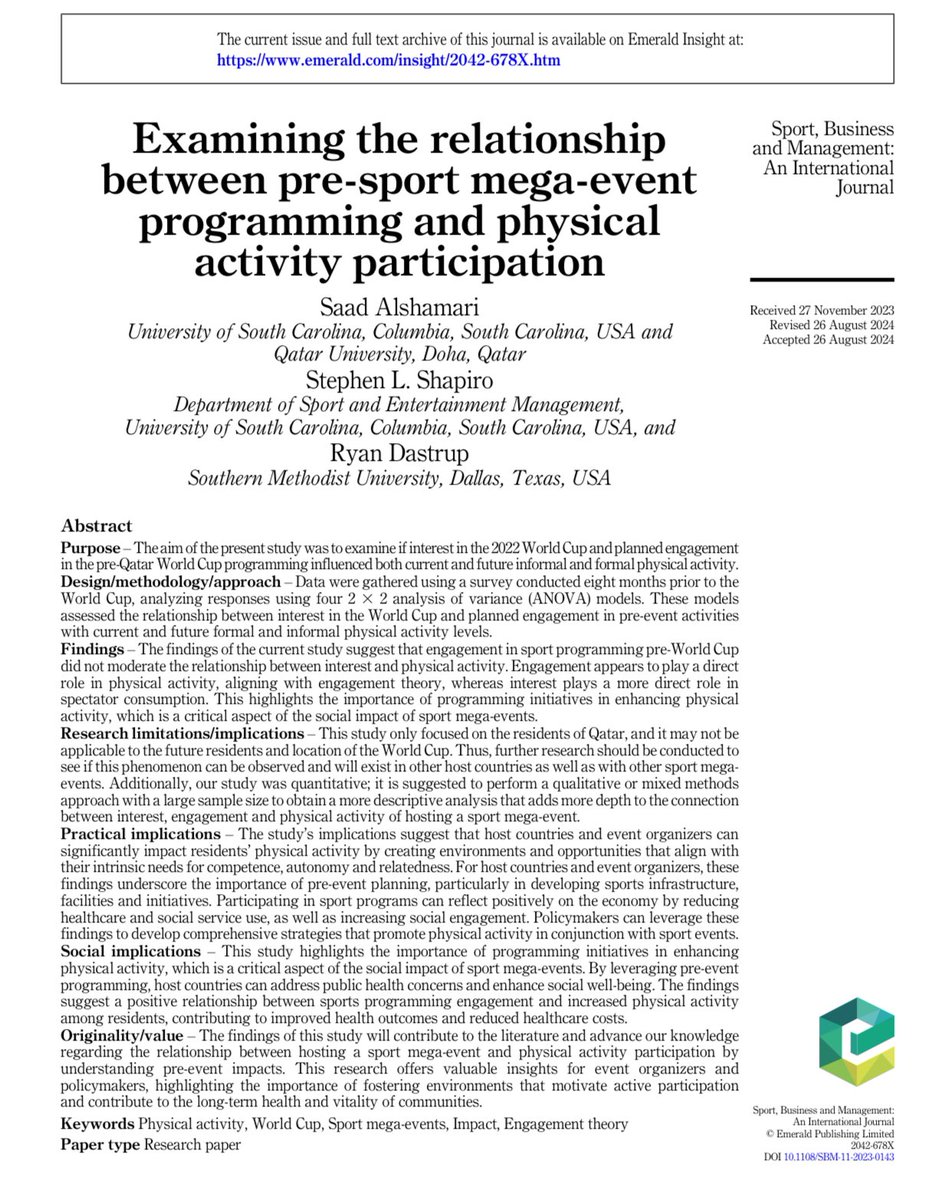 Excited to announce the publication of my first paper with <a href="/sshapiro44/">Stephen Shapiro</a> and <a href="/RyanDastrup/">Ryan Dastrup ⚾️⚽️🏀🏈🏒🏟️</a> “Examining the Relationship Between Pre-SMEs Programming &amp; PA”. A huge thank you to <a href="/sshapiro44/">Stephen Shapiro</a> for all the support and guidance. doi.org/10.1108/SBM-11… <a href="/UofSC_HRSM/">USC HRSM</a> <a href="/QUCED/">كلية التربية</a> <a href="/QUResearch/">QU Research & Innovation</a>