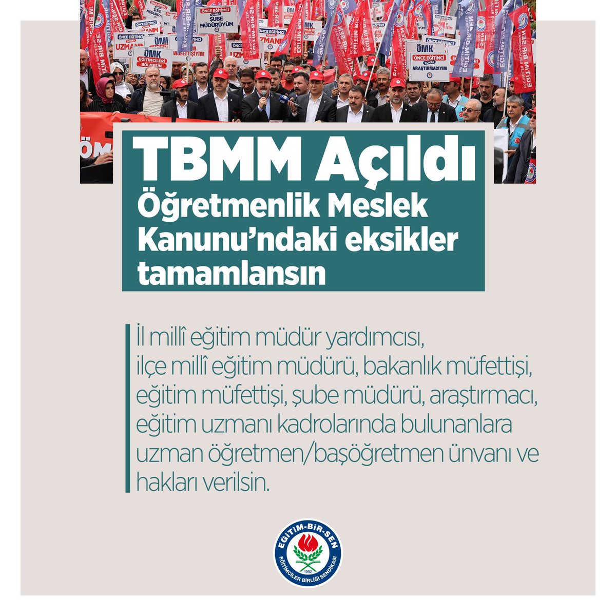 İl millî eğitim müdür yardımcısı, ilçe millî eğitim müdürü, bakanlık müfettişi, eğitim müfettişi, şube müdürü, araştırmacı ve eğitim uzmanı kadrolarında bulunanlara uzman öğretmen/başöğretmen ünvanı ve hakları verilsin. #mecliseÖMKçağrımız