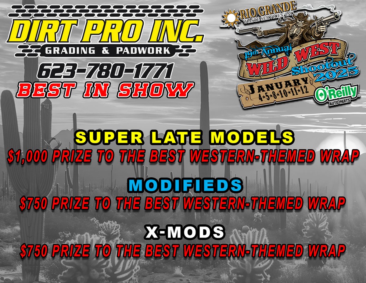 Wild West Shootout (@wildwshootout) on Twitter photo Back for the first time in three years in 2025 will be the Dirt Pro Best in Show, which posts cash bonuses for the best western themed graphics package in each division at the Wild West Shootout at @FKRodEnds <a href="/VadoSpeedway/">Vado Speedway Park</a>.
Details -> wildwestshootout.net/press/2024/art… #WWS2025 #BeThere Back for the first time in three years in 2025 will be the Dirt Pro Best in Show, which posts cash bonuses for the best western themed graphics package in each division at the Wild West Shootout at @FKRodEnds <a href="/VadoSpeedway/">Vado Speedway Park</a>.
Details -> wildwestshootout.net/press/2024/art… #WWS2025 #BeThere