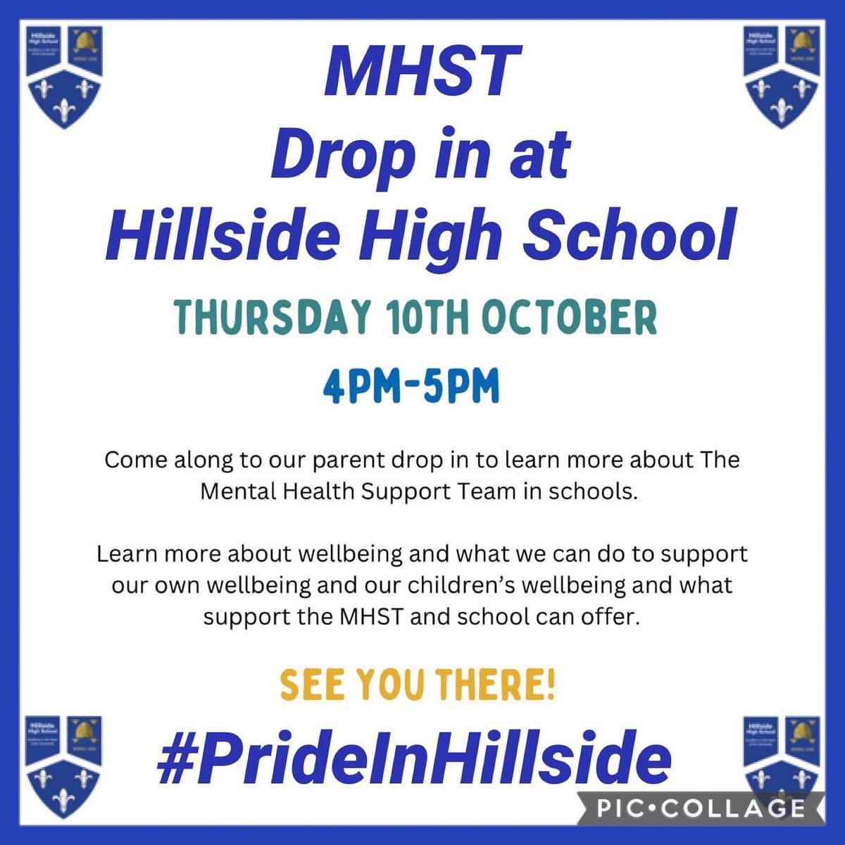 hhs4psupport's tweet photo. Our friends from Alder Hey’s Mental Health Support Team are holding a drop in here at Hillside on Thursday 10th October.
Come along and speak to the team and see what support the MHST and school can offer.
#PrideInHillside
#TeamHillside
#MentalHealthMatters https://t.co/czAufcQmH7