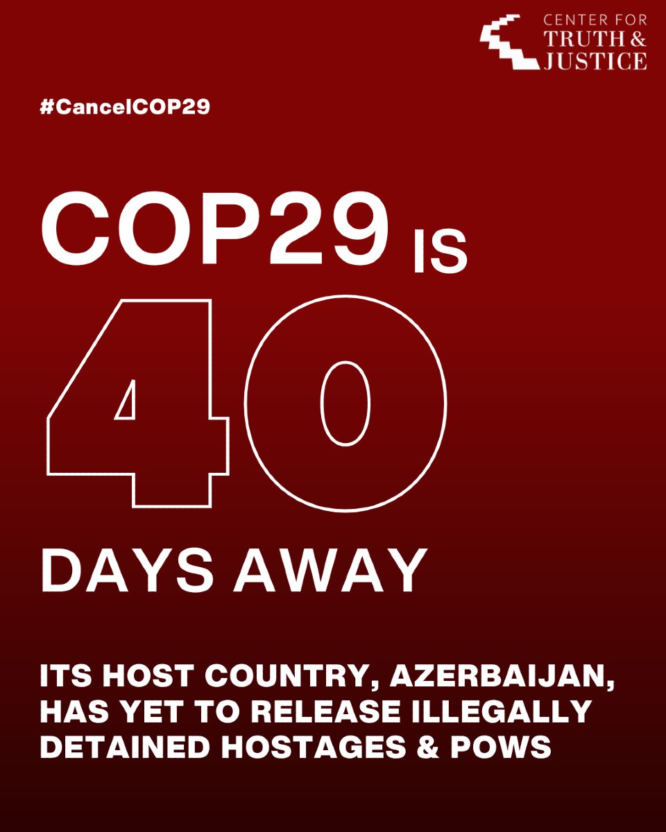 CFTJustice's tweet photo. With only 40 days left until COP29, the world prepares to gather in Azerbaijan, a country that continues to illegally detain Armenian POWs and commit severe crimes against humanity. Despite positioning itself as a global leader in addressing climate change, Azerbaijan's actions starkly contradict its claims of wanting to better the world. The ongoing detention of POWs from Nagorno-Karabakh and the country's unpunished war crimes demand urgent attention. As COP29 approaches, we must not lose sight of the need for justice and accountability for these human rights abuses. Raising awareness is crucial—global change must start with confronting these realities. #FreeArmenianHostages #JusticeForWarCrimes #COP29