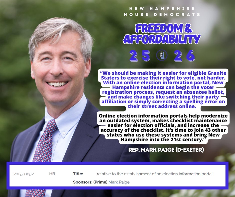 NHHouseDems's tweet photo. We should be making it easier for eligible Granite Staters to exercise their right to vote, not harder.

That's why @NHHouseDems and Rep. Mark Paige filed legislation to join 43 other states in the use of an online election information portal. #NHPolitics