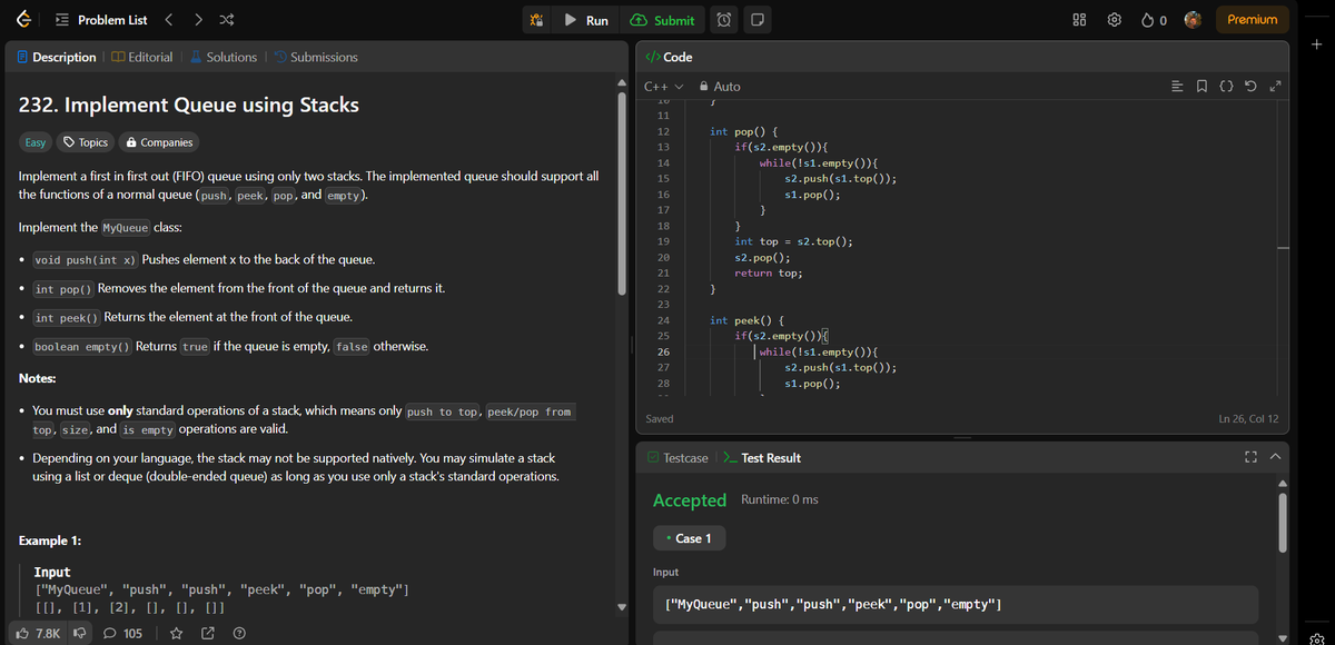 Parth_7973's tweet photo. Day 53/100          
📅Solved 2 problems on #leetcode 
☑️Solved 2 problem son ck &amp; Queue
✅Implement Stack using Queue
✅Implement Queue using Stacks

#DSA #DailyProgress #100DaysOfCode #Algorithms #DataStructures #programming #CodeEveryday #100daysofcodechallenge #TechJourney https://t.co/ZTi52DrWAG