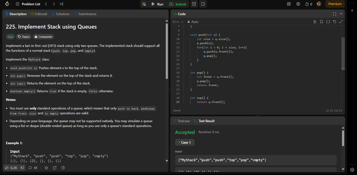 Parth_7973's tweet photo. Day 53/100          
📅Solved 2 problems on #leetcode 
☑️Solved 2 problem son ck &amp; Queue
✅Implement Stack using Queue
✅Implement Queue using Stacks

#DSA #DailyProgress #100DaysOfCode #Algorithms #DataStructures #programming #CodeEveryday #100daysofcodechallenge #TechJourney https://t.co/ZTi52DrWAG