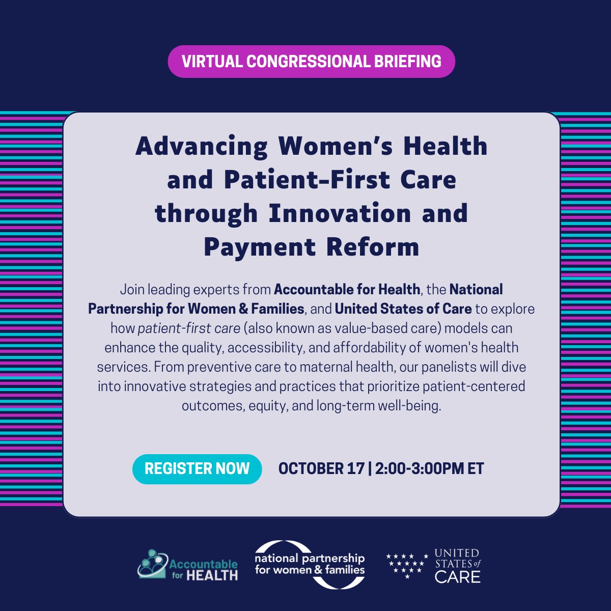 USofCare's tweet image. No tricks, just treats! 🍬 Join us (with @Acct4Health + @NPWF!) in ~ 3️⃣ weeks for a virtual briefing on how #ValueBasedCare and #PaymentReform can transform women’s health.

📅 Thursday, October 17th
⏰ 2:00-3:00 PM ET
💻 Via Zoom

🔗 Register Here: bit.ly/OctoberCongres…