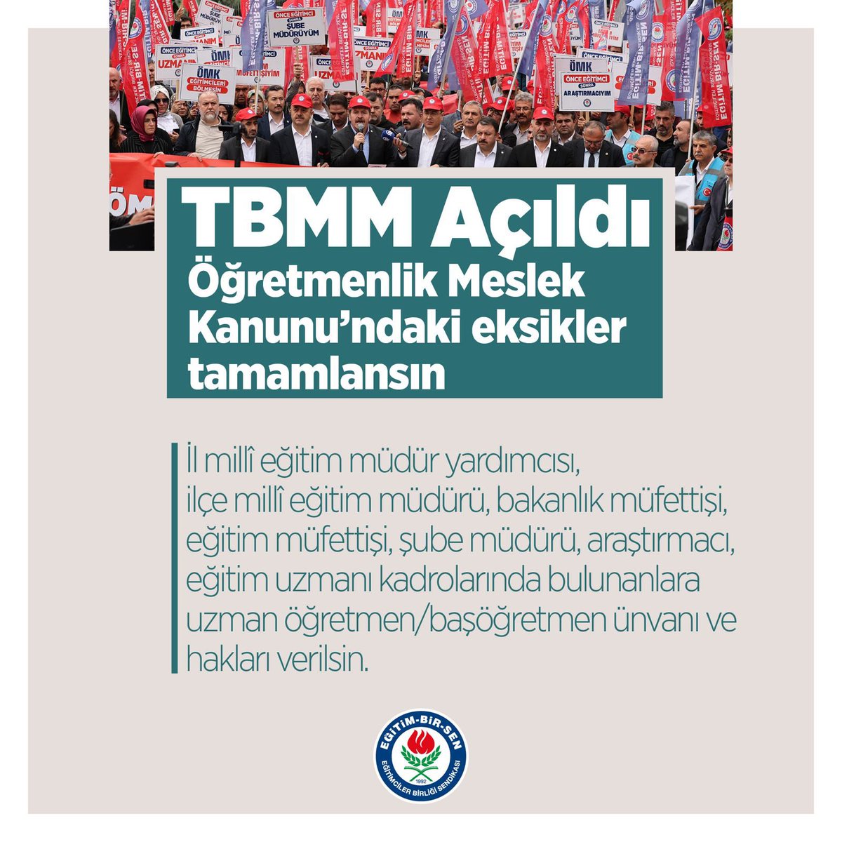 ÖMK yeni mağduriyetlere kapı aralamamalı; hedef ve gerçekler bağlamında talebi ve beklentiyi karşılamalı
 
TBMM Genel Kurulunda görüşülen Öğretmelik Mesleği ve Millî Eğitim Akademisi Kanunu Taslağı, kariyer basamakları sürecinde 2004 yılından bu yana devam eden tartışma ve