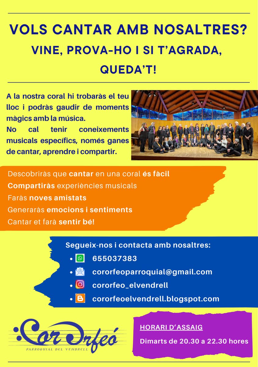 El Cor Orfeó comença un nou curs, vols acompanyar-nos? no ho dubtis més, vine, prova-ho i si t'agrada, queda't!

Assagem els dimarts de 20.30 a 22.30 hores.
Ens pots escriure a ⬇️
cororfeoparroquial@gmail.com
Truca o envia'ns un whatsapp al
📞 655037383

T'HI ESPEREM‼️