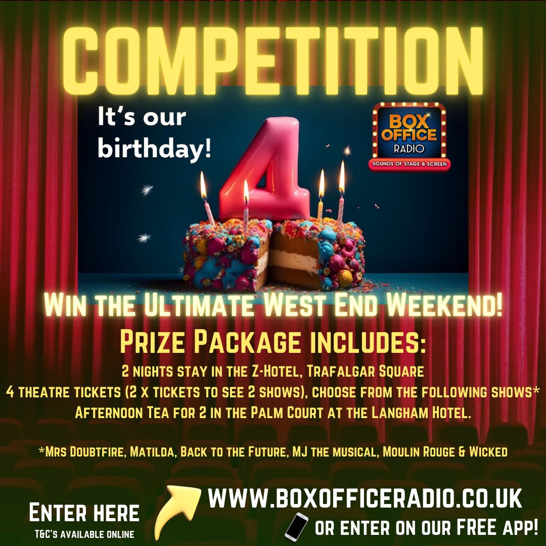 🎉OCTOBER COMPETITION 🎉- We are celebrating hard with our 4th Birthday 'West End Weekend' prize package worth over £1000!
Head online to get entering and good luck! #competition #boxofficeradio