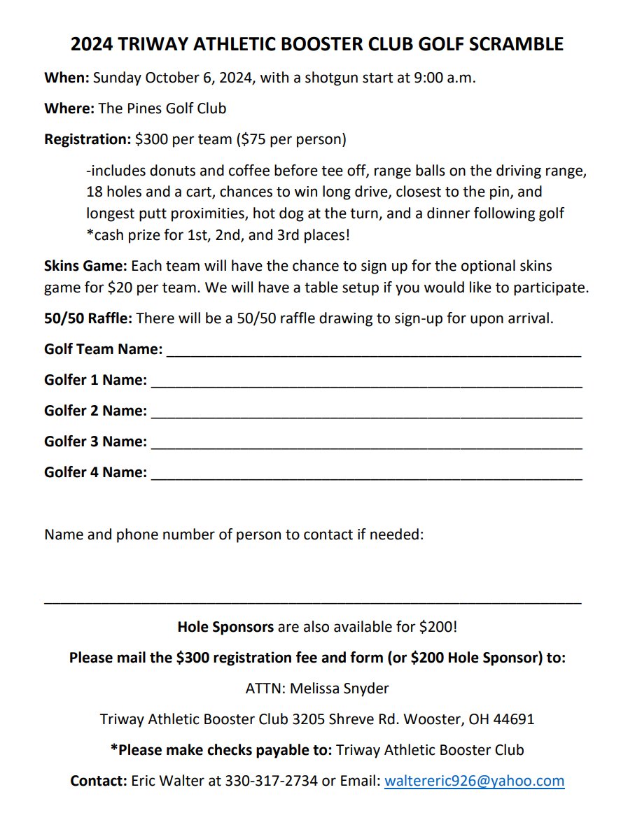 We are a GO for the Golf Outing this Sunday, October 6! Thank you for all the support after the rain check from last weekend.

We still have room for more teams and hole sponsors. Contact Eric Walter for more details.

triwayathleticboosters.com/docs/TriwayGol…