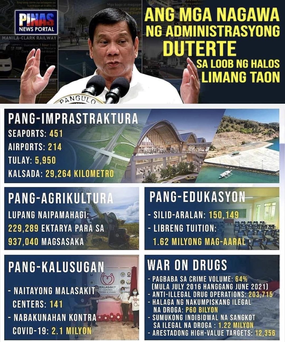 mdlc_11325's tweet photo. Sa mga #LoyalisTANGA. #DilawangEBAK, #MakabayadBloc, Pro Drug Addicts, etc #AntiDuterte 

Do they have this kind of enormous infrastructure and projects during their time? 

Kahit i #FactCheck nyo lahat yan nangyari from 2016 to 2022 👊

ctto https://t.co/Flt4o2xk4t