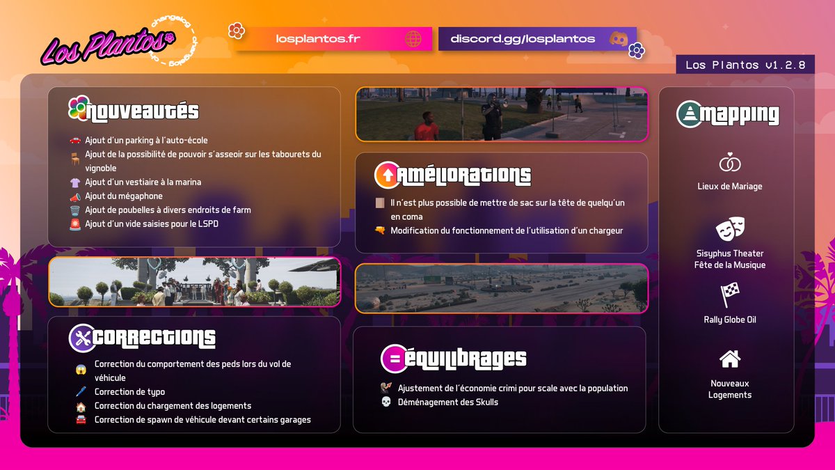 ✨CHANGELOG DISPO !🌸

Plein de nouveautés, d'améliorations et de corrections🎉 On se retrouve en jeu pour tester tout ça ! 

#Maj #Update #GTAV #GTARP #losplantos