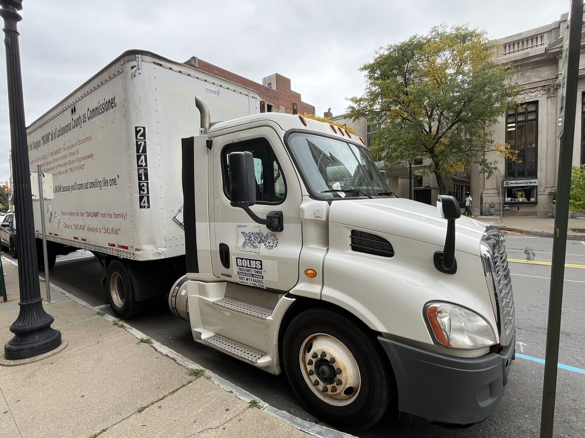 Scranton businessman Bob Bolus parked one of his political-themed tractor trailers in a handicapped parking space just feet from the Lackawanna County veterans affairs office. There was a handicapped parking placard in the trailer window. It blocked the spot for hours #Scranton