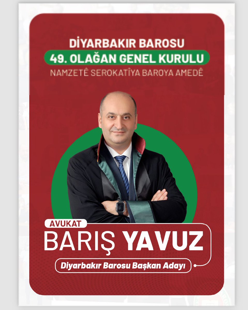 'Haklarınız İçin Varız' sloganıyla, 12-13 Ekim'de yapılacak Diyarbakır Barosu genel kurulunda baro başkanlığına adayım. Adalet, özgürlük ve demokrasi temelinde, baromuzun güçlenmesi ile hak arama bilincinin yaygınlaşltırılması adına atacağımız adımları içeren broşüre aşağıdaki