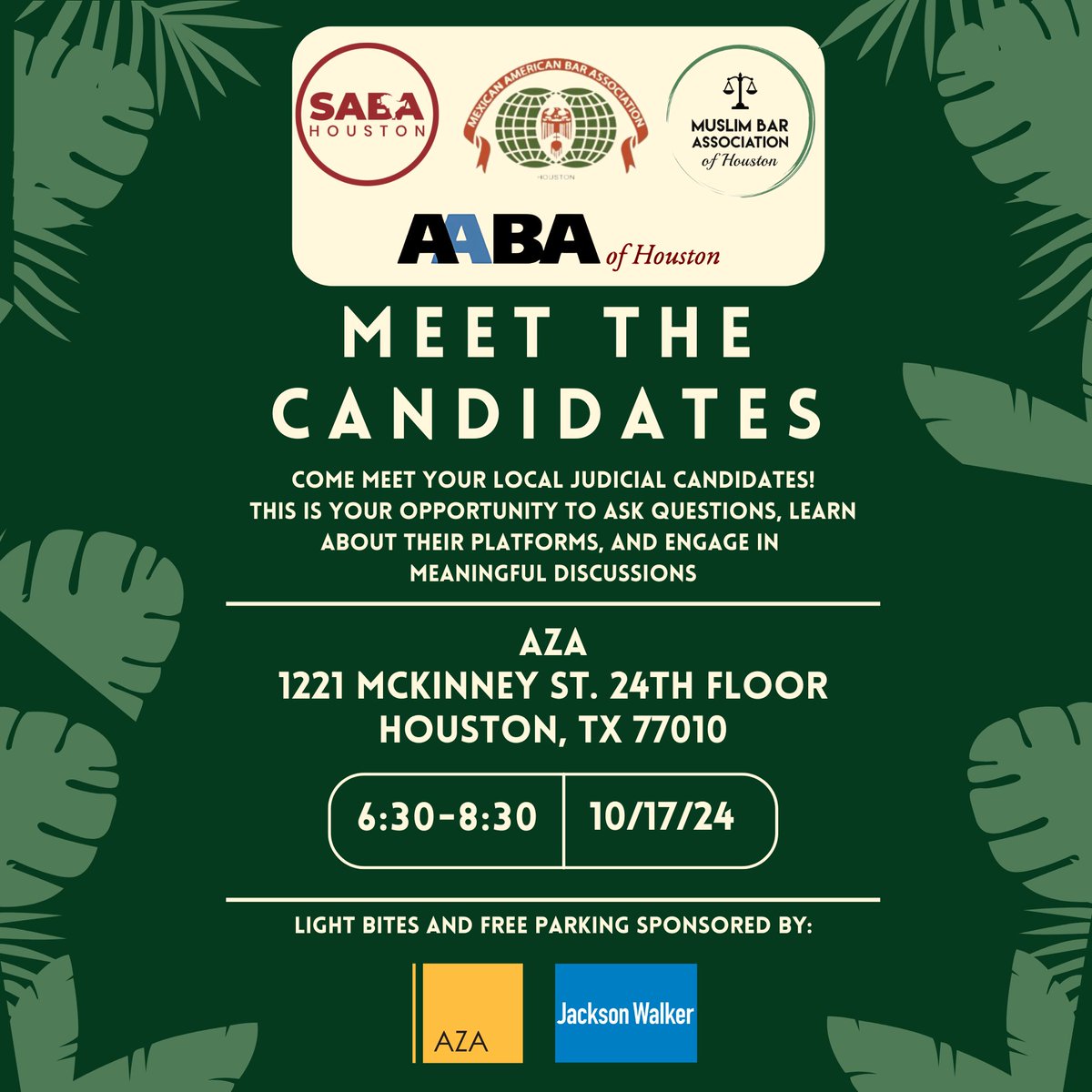 SABAHouston's tweet image. Come get up close and personal with the judges who will be on your general election ballot this November. Join us, MABAH, AABAH, and now MBAH on 10/17/24 at AZA. Sign up here: eventbrite.com/e/2024-meet-th…
