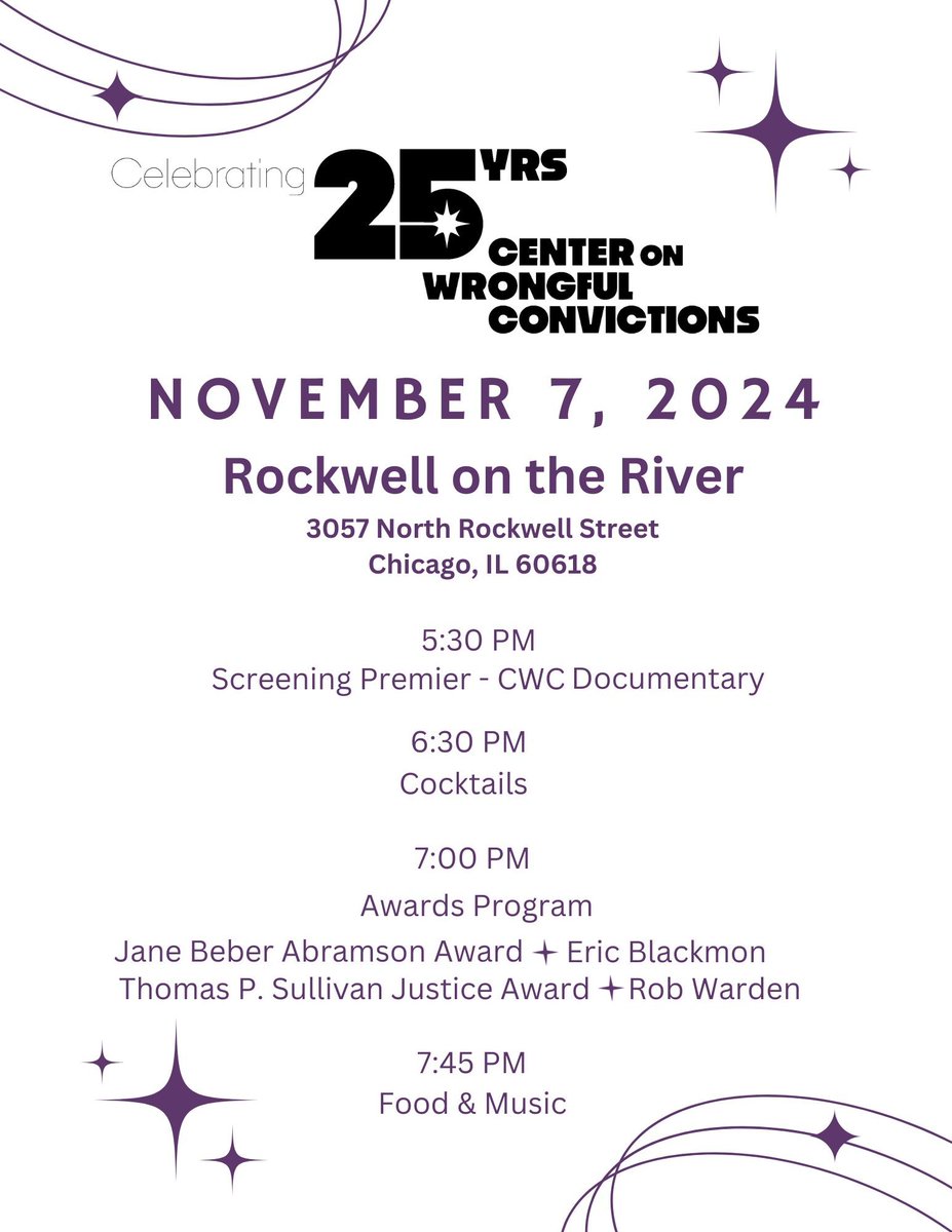 Northwestern Law (@northwesternlaw) on Twitter photo This International #WrongfulConvictionDay, we're celebrating <a href="/NorthwesternCWC/">CenterOnWrongfulConvictions</a>. For 25 years, the CWC has been dedicated to rectifying serious miscarries of justice and freeing the wrongfully convicted.
Join us in celebrating the CWC on Nov. 7: spr.ly/6015UPpGb This International #WrongfulConvictionDay, we're celebrating <a href="/NorthwesternCWC/">CenterOnWrongfulConvictions</a>. For 25 years, the CWC has been dedicated to rectifying serious miscarries of justice and freeing the wrongfully convicted.
Join us in celebrating the CWC on Nov. 7: spr.ly/6015UPpGb