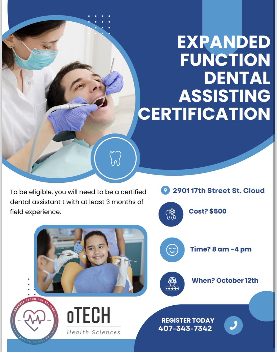 Join us at oTECH Saint Cloud Campus for a comprehensive one-day class on 10/12/24 from 8 AM to 4 PM.

To be eligible, you need to be a certified Dental Assistant with at least 3 months of field experience.

#weareoTECH #SkillUpOsceola #everystudentfutureready #SDOCGoodtoGreat