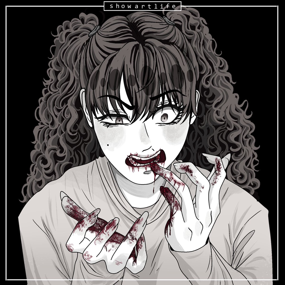 ShowArtLife's tweet photo. Goretober 2024 
Day 1: Cannibalism🔪🖤

 #私の個性はきっと誰かに刺さる #Ocart #イラスト #illustration #gore #goretober https://t.co/Oq27FWGnpT