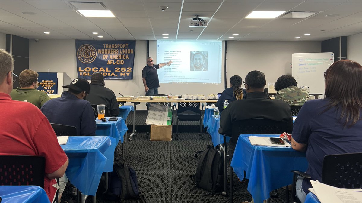 transportworker's tweet photo. Organizing Director Angelo Cucuzza teaching future TWU leaders  
"fightback" tactics to use against underhanded, anti-worker company execs engaged in union avoidance. Exhibit Number One: @GoBrightline CEO Paddy Goddard, who hired high-priced lawyers to harm his own workforce. https://t.co/Kc91mw2IXu