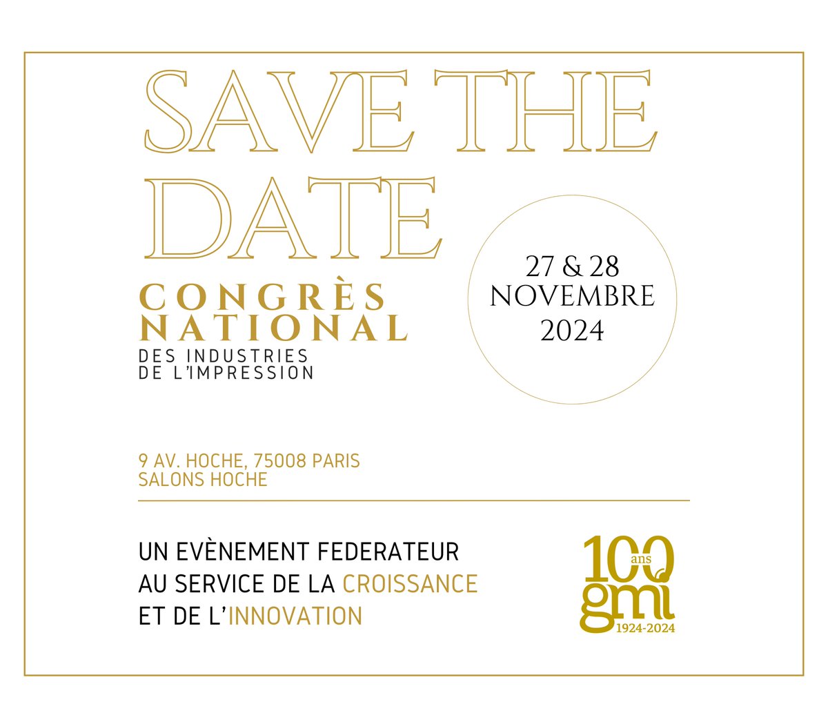 🥂​Le congrès annuel et national du GMI se déroulera les 27 et 28 novembre prochains au prestigieux Salon Hoche. 

Ne manquez pas cet évènement unique où nous célèbrerons tous ensemble le centenaire du GMI ! 🎂​

#congrèsannuel #GMI #GMIcentenaire
