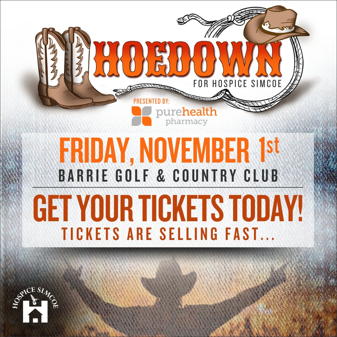 TICKETS ARE SELLING FAST! Saddle up for Hoedown for Hospice, presented by PureHealth Pharmacy. Join us on Friday, November 1st at The Barrie Golf &amp; Country Club as we kick up our heels in support of Hospice Simcoe!
$275/person, $2200/table.
hospicesimcoe.ca