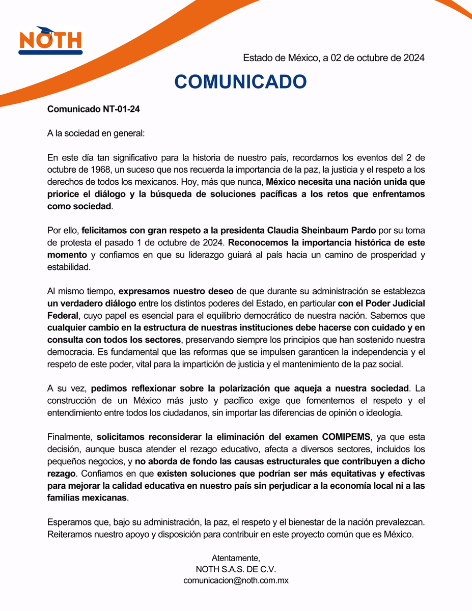 noth_mx's tweet photo. COMUNICADO RELATIVO A LA TOMA DE PROTESTA DE LA DRA. CLAUDIA SHEINBAUM PARDO, ASÍ COMO DE PETICIONES QUE LE HACEMOS

#ClaudiaSheinbaum #Morena #PJF #ReformaAlPoderJudicial #comipems
@Claudiashein @PartidoMorenaMx @CanalCongreso https://t.co/Bu3A9xryB8