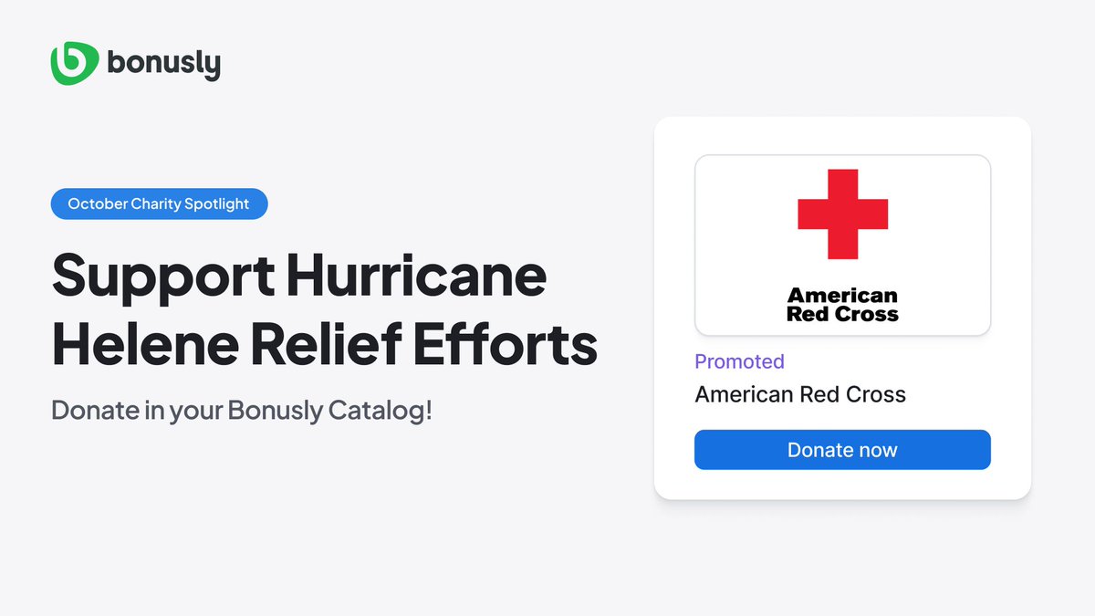 Bonusly (@bonusly) on Twitter photo This October, we are spotlighting the <a href="/RedCross/">American Red Cross</a> in our rewards catalog. ๐ Bonusly users nationwide can now quickly and easily donate their points to support the communities impacted by Hurricane Helene. This October, we are spotlighting the <a href="/RedCross/">American Red Cross</a> in our rewards catalog. ๐ Bonusly users nationwide can now quickly and easily donate their points to support the communities impacted by Hurricane Helene.