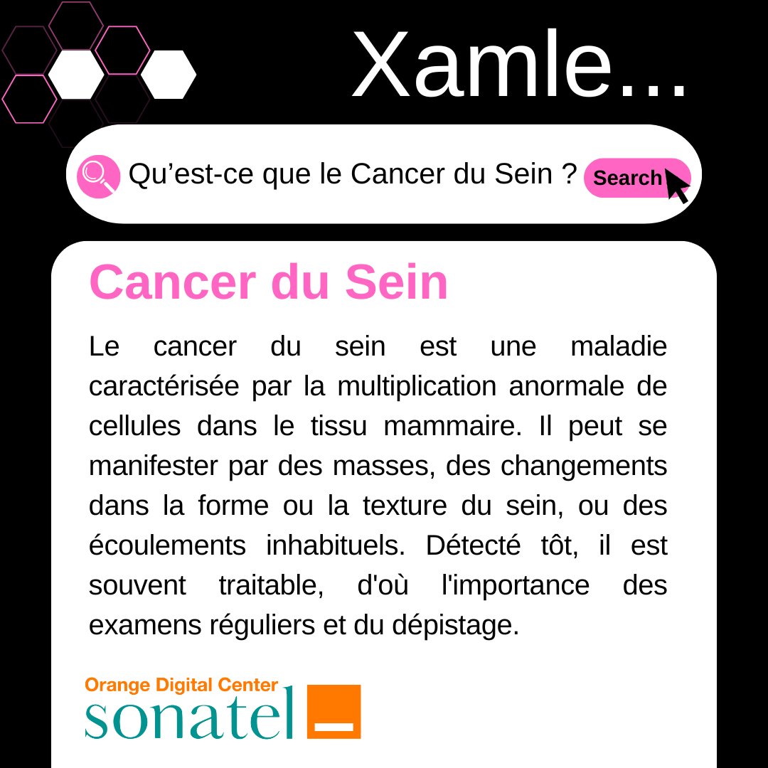 ODCSenegal's tweet photo. 🌸 Le cancer du sein est une maladie qui touche des millions de femmes dans le monde.
Le dépistage précoce est essentielle pour un traitement efficace.
Engageons-nous à sensibiliser et à soutenir la recherche !
#XAMLE
#OrangeDigitalCenter
#AmalNjariñAskanwi https://t.co/65Gv6tNVpr