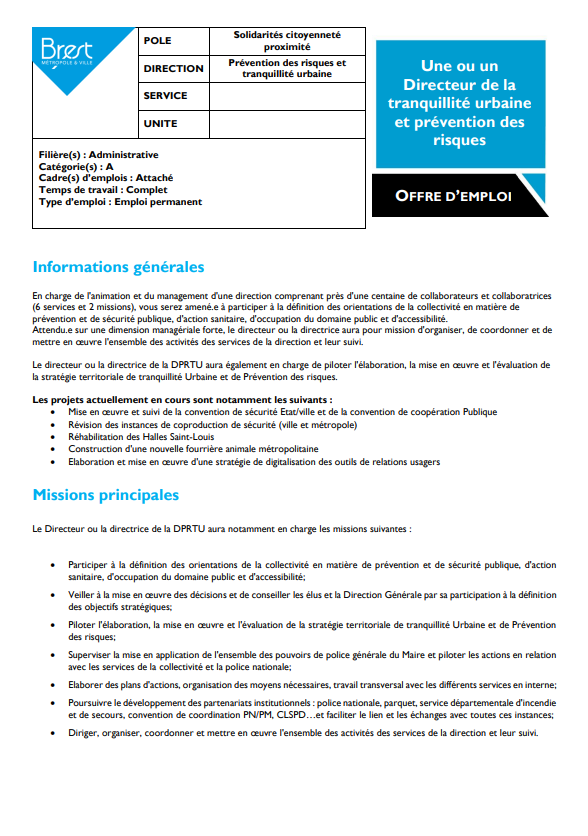 ffsunews's tweet photo. 📣 Brest Métropole recrute un(e) Directeur(trice) de la tranquillité urbaine et prévention des risques !

Vous avez une expertise en gestion de la sécurité publique et en prévention des risques ? Vous souhaitez contribuer à la tranquillité des citoyens de Brest? Postulez ! https://t.co/P8mNLMNhIz