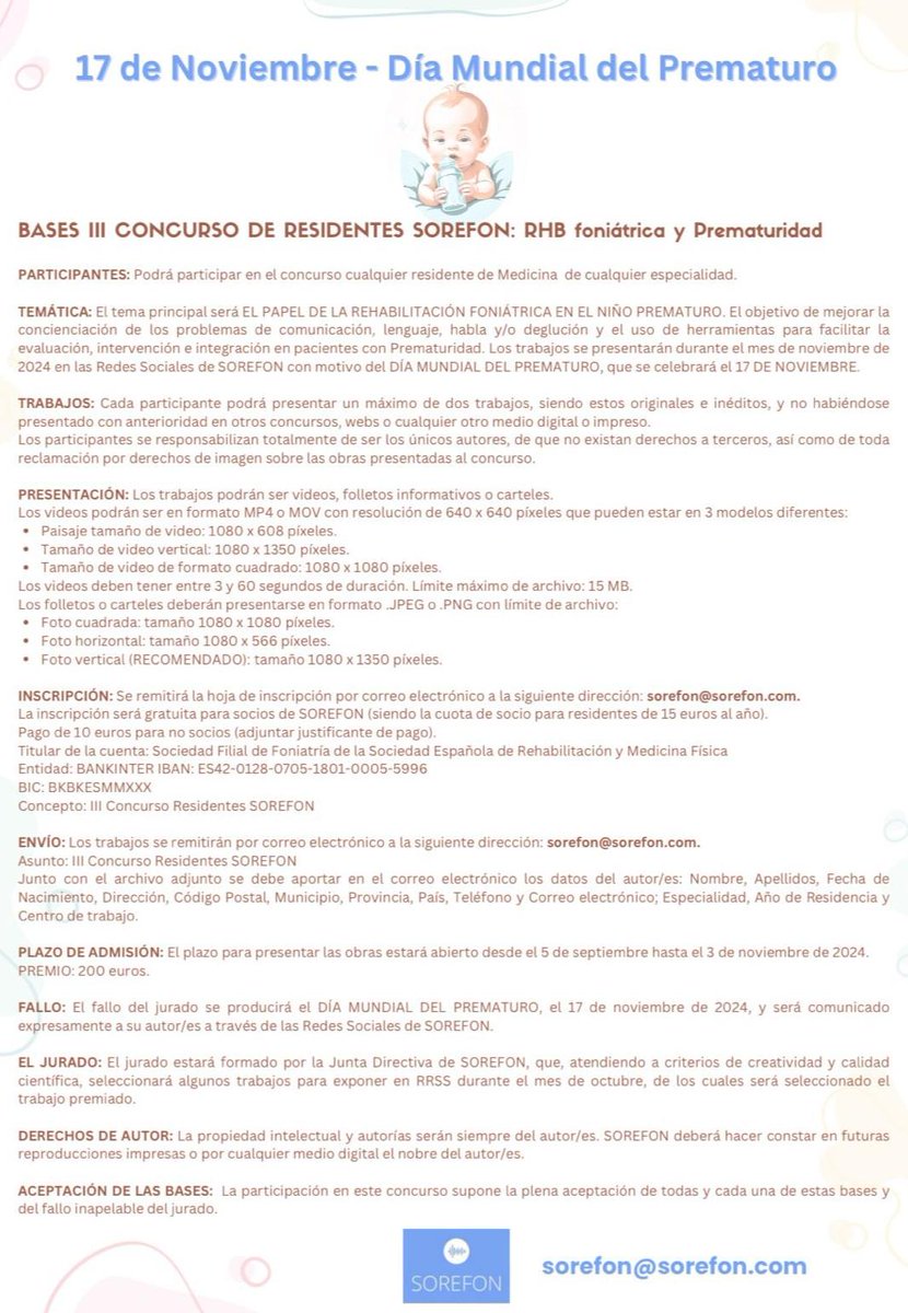 sorefon's tweet photo. ¡Atención!
No te pierdas el III Concurso de RESIDENTES de SOREFON.
El ganador se llevará un premio de 200€💶 y su trabajo será difundido en RRSS.
¡Es tu oportunidad de brillar, participa! 🌟
#SOREFON #DíaMundialDelPrematuro #RehabilitaciónFoniátrica #ConcursoDeResidentes #sermef https://t.co/jkvpm0d9WD