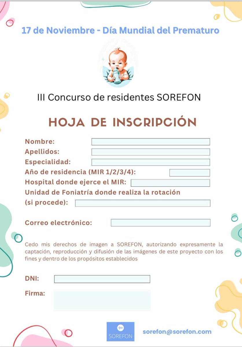 ¡Atención!
No te pierdas el III Concurso de RESIDENTES de SOREFON.
El ganador se llevará un premio de 200€💶 y su trabajo será difundido en RRSS.
¡Es tu oportunidad de brillar, participa! 🌟
#SOREFON #DíaMundialDelPrematuro #RehabilitaciónFoniátrica #ConcursoDeResidentes #sermef