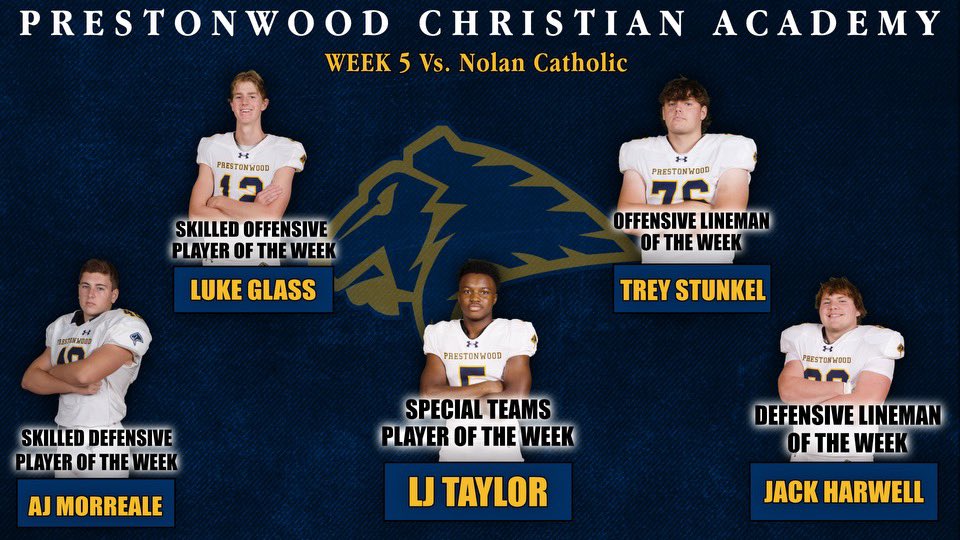 Congrats to our week 5 <a href="/PCALionsFB/">PCAFootball</a> players of the week vs Nolan Catholic last week:
<a href="/LukeGlassTX/">Luke Glass</a> 
@AjMrle 
<a href="/TreyStunkel/">Trey Stunkel</a> 
<a href="/LJ_Taylorr/">LJ Taylor</a> 
<a href="/JackHarwell13/">Jack Harwell 25’👑</a>