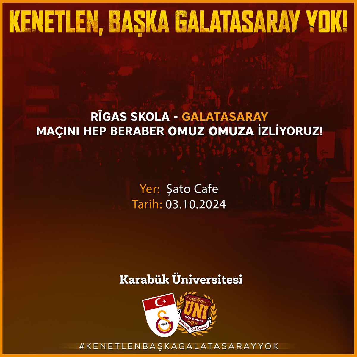 HEP BERABER OMUZ OMUZA İZLİYORUZ!

Rīgas Skola - GALATASARAY

🗓️03.10.2024
⏰19.45
📍Şato Cafe
#ultrAslanUNI