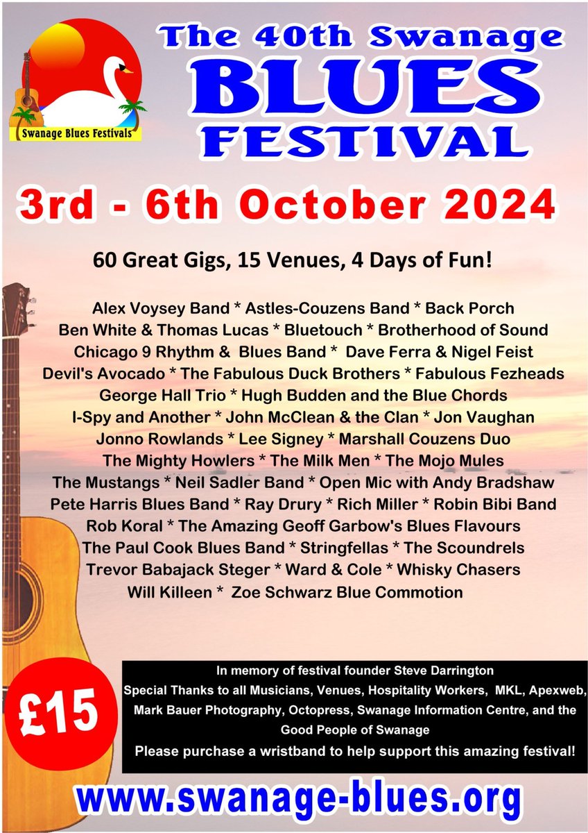The 40th Swanage Blues Festival starts tomorrow. This promises to be a special event, honouring its founder Steve Darrington🎼