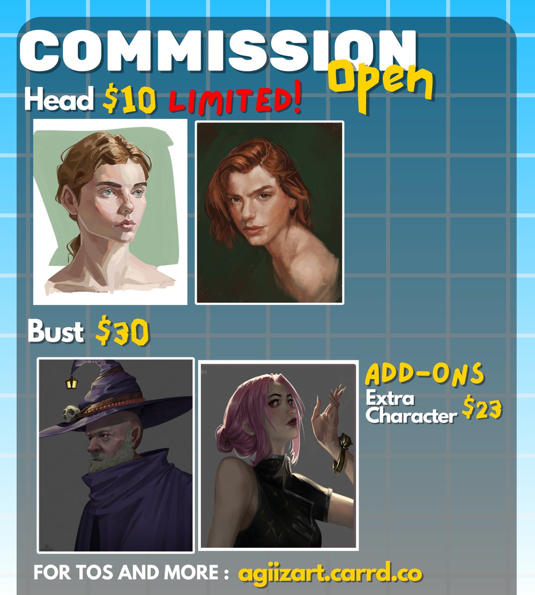 agiizart's tweet photo. 🎉COMMISSIONS OPEN!!!🎉

Head - 10usd (LIMITED!)
Bust - 30usd
Half Body - 50usd
Full Body - 80usd
Full Illustration - 100 - 200usd

Retweets are appreciated!!!

Just send me a DM if you are interested! 

#commissionsopen #opencommission #commission https://t.co/YA5ct2Qabd