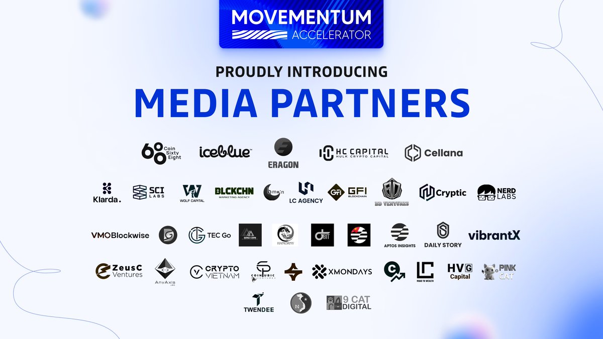 AptosMovementum's tweet photo. Meet Our Media Partners!

The Movementum Accelerator are excited to collaborate with esteemed media partners @Coin68_insights, @IceBlueNFT, @Eragon_gg, @hc_capital, @CellanaFinance, @KlardaOfficial, @SCILabs_io, @WolfCapitalnews, @BLCKCHN_Agency, @bmoonvc, @LC_Agency_, GFI Blockchain, @ventures_bd, @Cryptic_Web3, @OnchainDataNerd, @VMOBlockwise, @Dgroup_Gems, @tecgo_ftu, GenZ Coin, Harmony, dBit, @AptosInsights, @AptosVietnam, @DailyStory_xyz, @VibrantXFinance, @ZeusCVentures, @AnyAxisLabs. @Cryptovietnamvn, @Coinpublic, SGN Capital, @xmondaysdao, @CoinCheckup, Legendary Capital, @hvgcapitalvn, @pinkcatgroup, @Twendee_, NearVN, @9catDigital.

Our registration deadline just got extended till 7th October. 
👉 Apply now to get exclusive perks from us at https://t.co/4lmU20dpJu

#aptos #movelanguage #makeyourmove