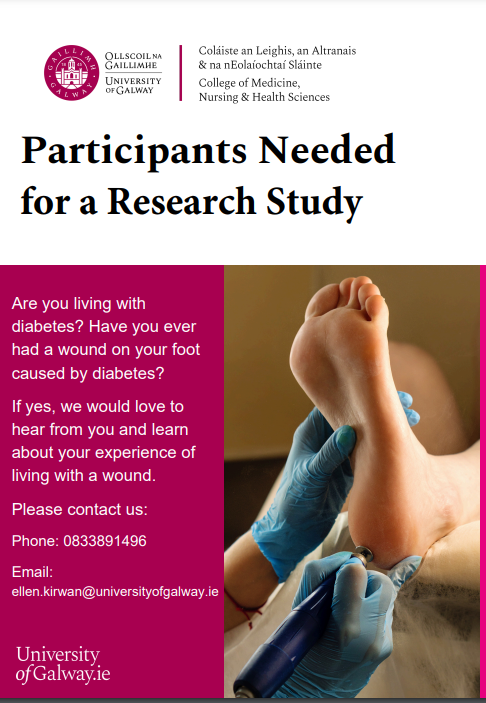 Michelle Hanlon (@michelle_hanlo) on Twitter photo Have you ever been affected by a #footwound caused by #Diabetes or do you know someone that has been? Researchers @Galway_Psychol & <a href="/Galwaypodmed/">Podiatric Medicine @ universityofGalway</a> would love to hear from you! RTs & shares v. much appreciated🙏#diabeticfoot #qualityoflife #healthresearch Have you ever been affected by a #footwound caused by #Diabetes or do you know someone that has been? Researchers @Galway_Psychol & <a href="/Galwaypodmed/">Podiatric Medicine @ universityofGalway</a> would love to hear from you! RTs & shares v. much appreciated🙏#diabeticfoot #qualityoflife #healthresearch