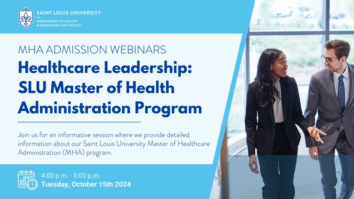 slucphsj's tweet photo. Join us at 4 p.m. on October 15th via Zoom for an informative session where we provide detailed information about our Saint Louis University Master of Healthcare Administration (MHA) program.
Learn more, here: https://t.co/mbltNq4DqG
#healthadministration #infosession #mha https://t.co/imS24ayKkp