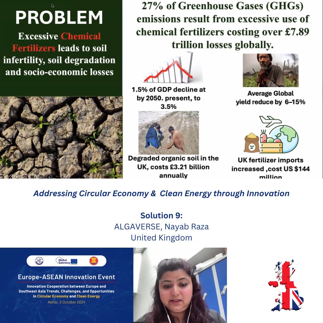 Solution 9 (#circulareconomy)

⛔️Stop #soil infertility &amp; #soildegradation 

Nayab Raza from #Algaverse introduces her patented CO2 capturing bio-fertilizer made up of freshwater microalage to cater food insecurity, energy crises &amp; climate change.

#fertilizer #food #agriculture