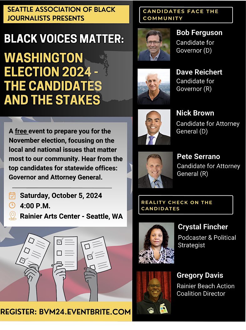 8:30a TODAY:  @TyrahMajors interviews <a href="/SeattleNABJ/">Seattle Assoc. of Black Journalists</a> President and <a href="/wapo/">The Washington Post</a> sports columnist <a href="/JerryBrewer/">Jerry Brewer</a> about Saturday’s Black Voices Matter Election 2024 event with the 2024 Gov./Atty Gen. candidates. 
WATCH  ARC Seattle, 8:3Oa on the CW.
Register Free: BVM24.Eventbrite.com