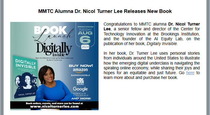 mmtconline's tweet photo. Read MMTC Fall Newsletter Feature: MMTC Alumna @DrTurnerLee Releases New Book.
https://t.co/OtMBkysQOQ https://t.co/akYzmRSYYJ
