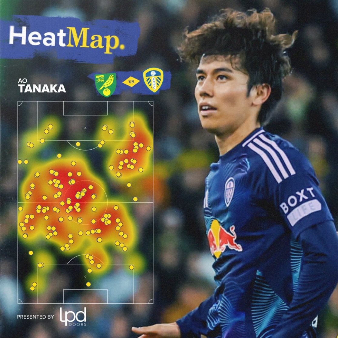 ノリッジ戦にスタメン出場し攻守に躍動した田中碧のヒートマップ🔥🔥🔥 📸@LUFC